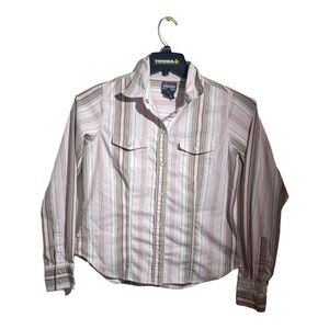 BUM Equipment Womens Button Down Shirt Striped Pink Green Stretch Size M